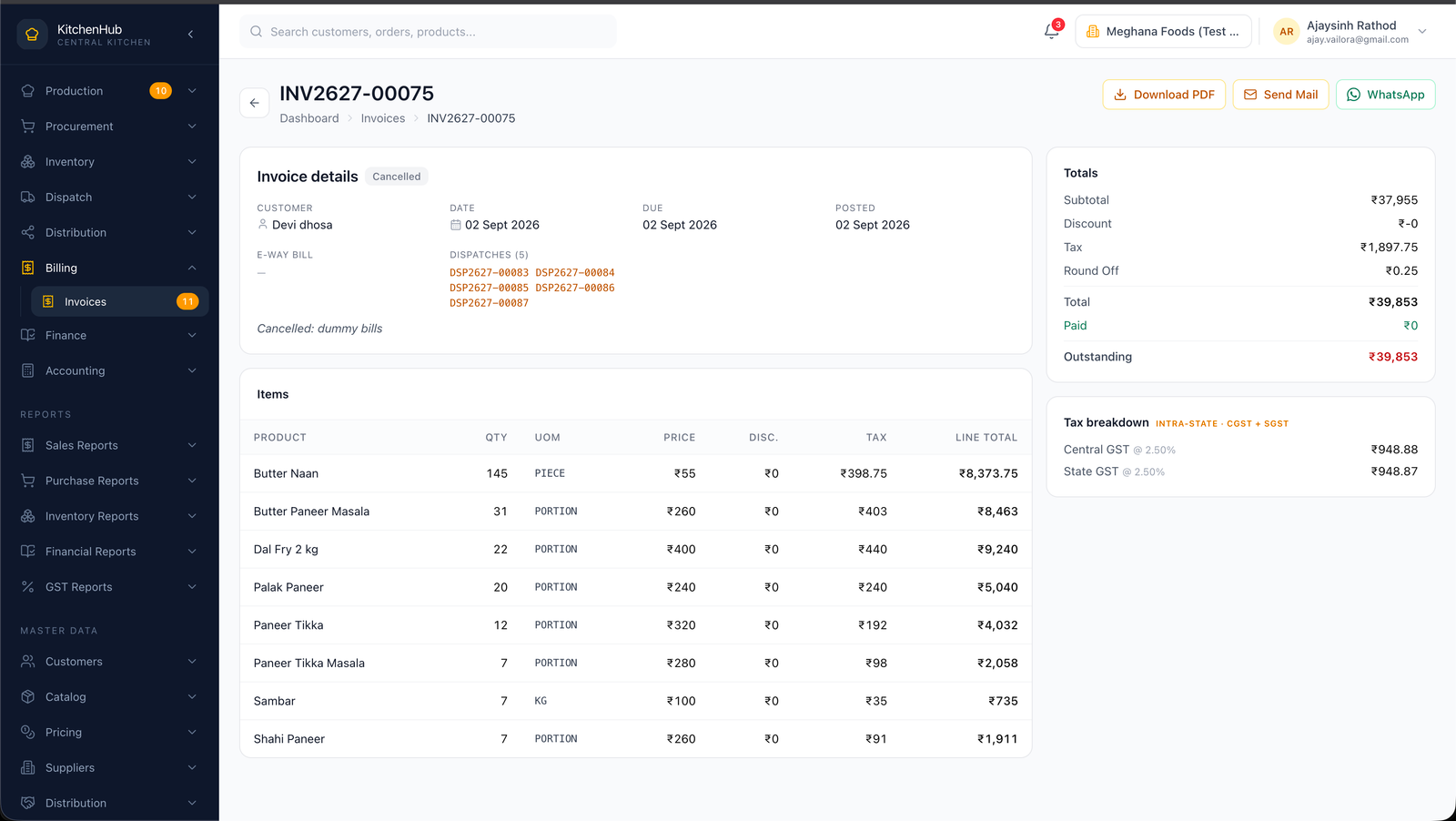 KitchenHub: Invoice and report