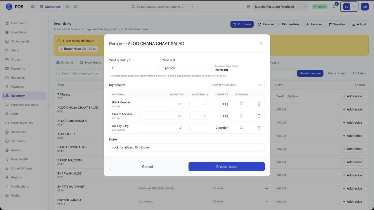 CMF POS: Cost every dish with a recipe
